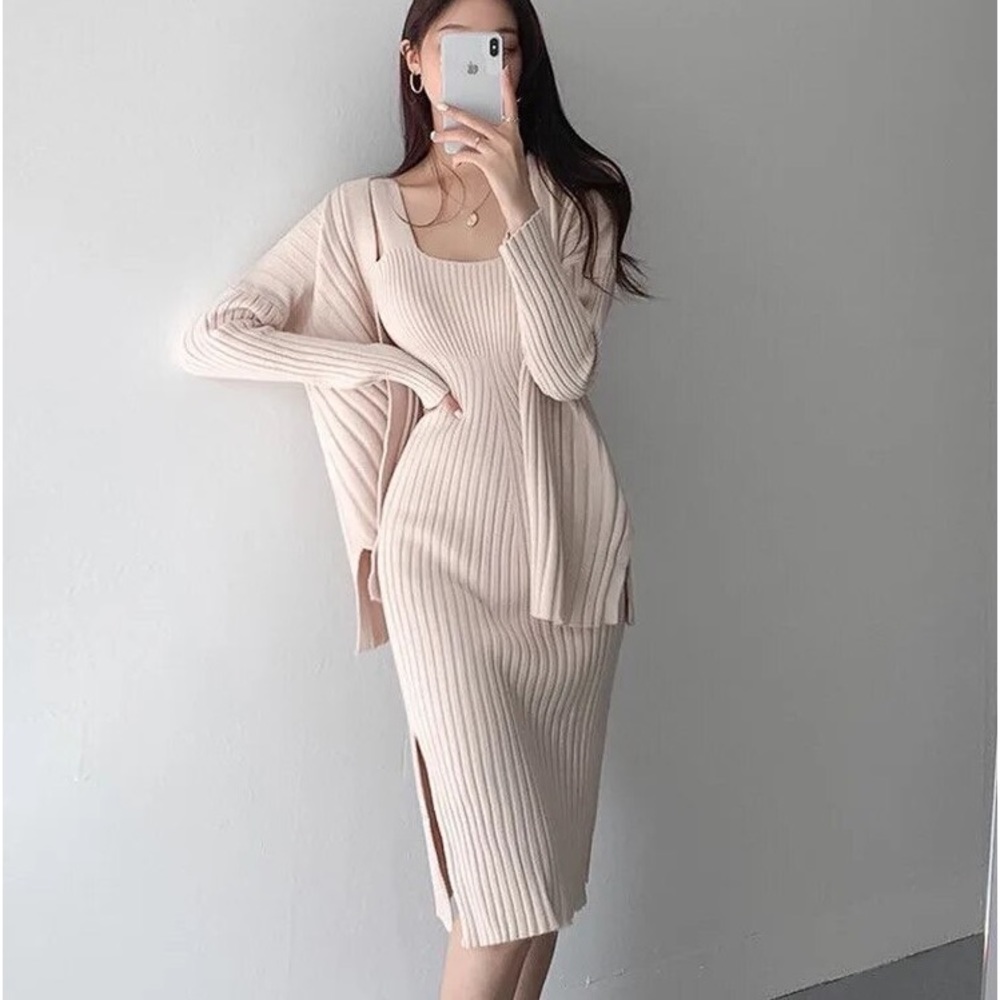 Cardigan dress 2 PCS matching set rib knit khaki beige midi
